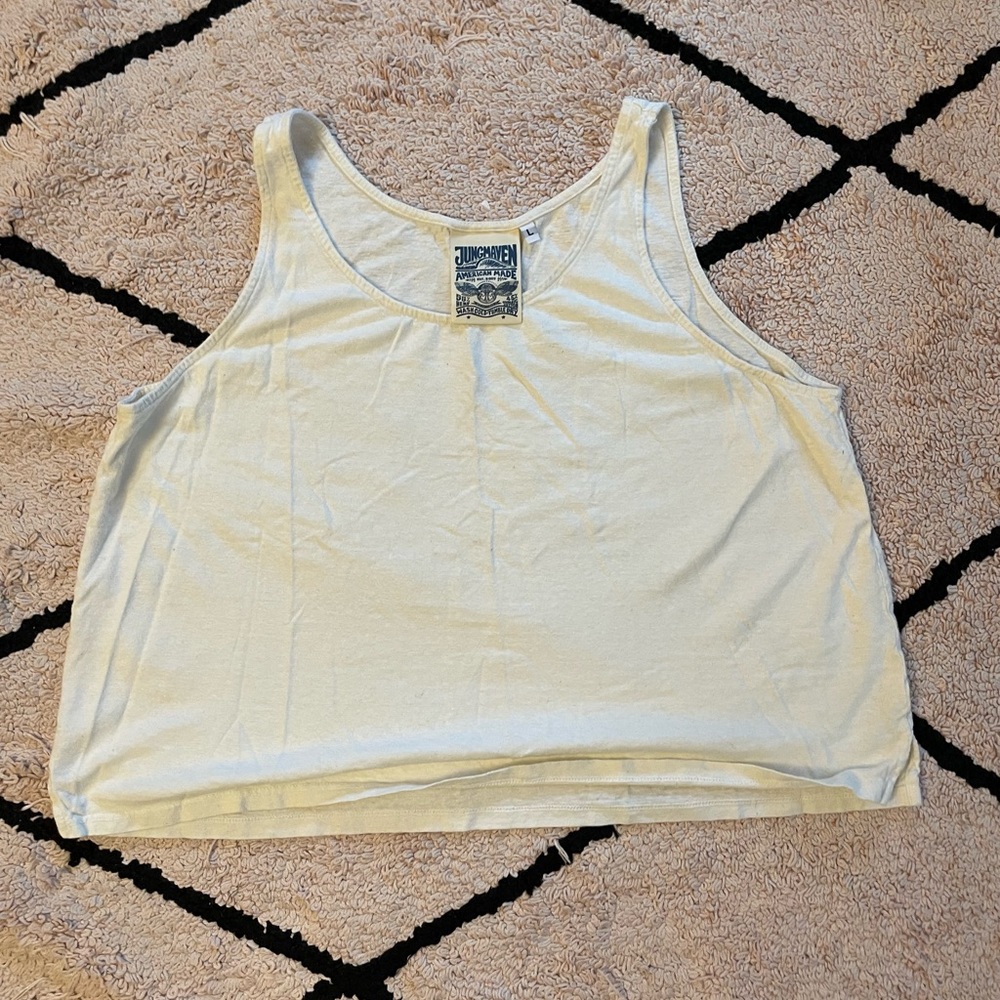 JUNGMAVEN Cropped Boxy Hemp Tank, washed white, size large